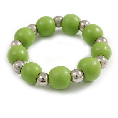 Lime Green Painted Wood and Silver Acrylic Bead Flex Bracelet - Medium - main view