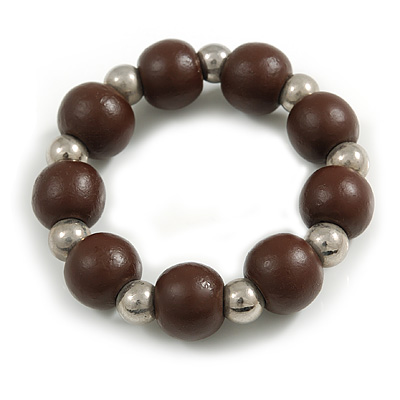 Brown Painted Wood and Silver Acrylic Bead Flex Bracelet - Medium - main view
