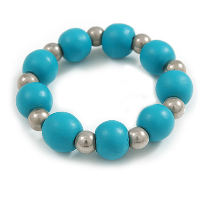 Turquoise Painted Wood and Silver Acrylic Bead Flex Bracelet - Medium - main view