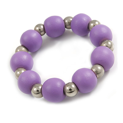 Lilac Purple Painted Wood and Silver Acrylic Bead Flex Bracelet - Medium - main view