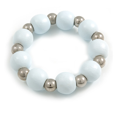White Painted Wood and Silver Acrylic Bead Flex Bracelet - Medium - main view