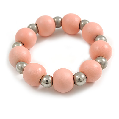 Pastel Pink Painted Wood and Silver Acrylic Bead Flex Bracelet - Medium - main view
