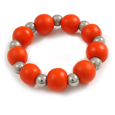 Orange Painted Wood and Silver Acrylic Bead Flex Bracelet - Medium - main view