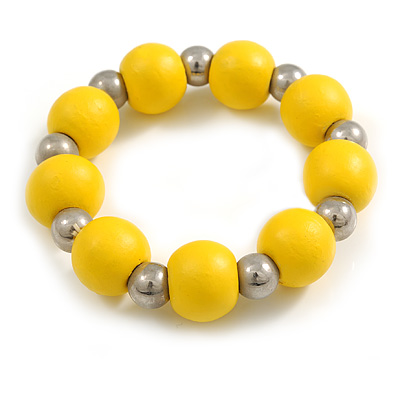 Yellow Painted Wood and Silver Acrylic Bead Flex Bracelet - Medium