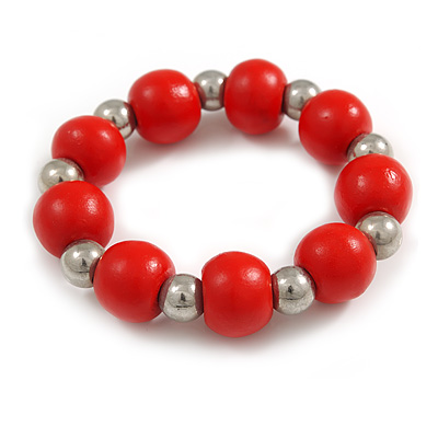 Red Painted Wood and Silver Acrylic Bead Flex Bracelet - Medium