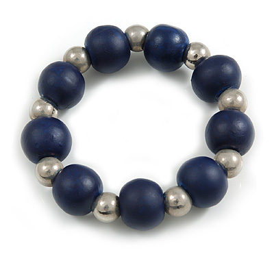 Dark Blue Painted Wood and Silver Acrylic Bead Flex Bracelet - Medium - main view