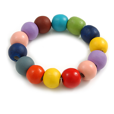 Multicoloured Painted Round Bead Wood Flex Bracelet - M/L