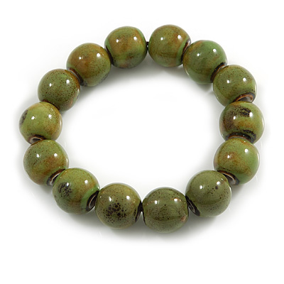 15mm Military Green Round Ceramic Bead Flex Bracelet - Size M - main view