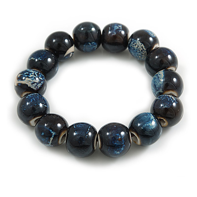 15mm Blue/White Round Ceramic Bead Flex Bracelet - Size S/M - main view
