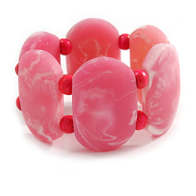 Wide Chunky Resin/ Wood Bead Flex Bracelet in Pink/ White - M/ L - main view