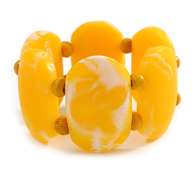 Wide Chunky Resin/ Wood Bead Flex Bracelet in Yellow/ White - M/ L