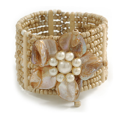 Antique White Glass Bead Flex Cuff Bracelet with Shell Flower - M/ L - main view