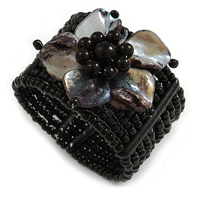 Black Glass Bead Flex Cuff Bracelet with Shell Flower - M/ L - main view