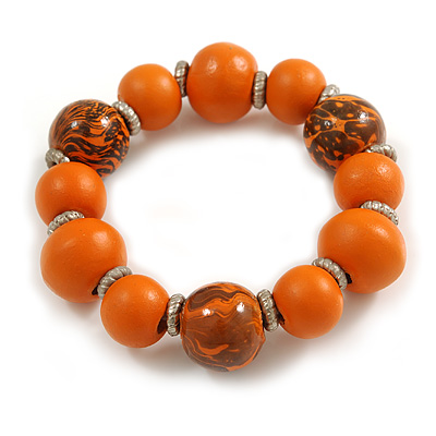 Wood Bead with Animal Print Flex Bracelet in Orange/ Size M - main view
