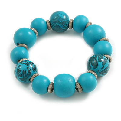 Wood Bead with Animal Print Flex Bracelet in Turquoise Blue Colour/ Size M - main view