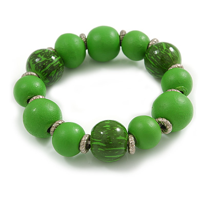 Wood Bead with Animal Print Flex Bracelet in Green/ Size M - main view