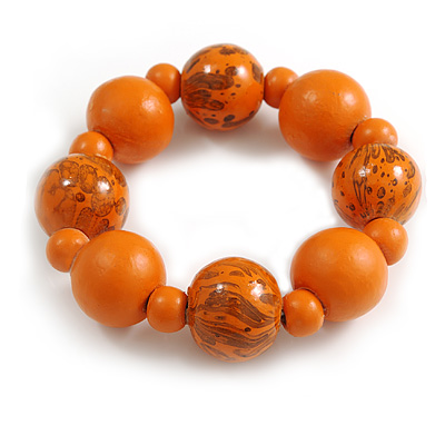 Chunky Wood Bead with Animal Print Flex Bracelet in Orange/ Size M - main view