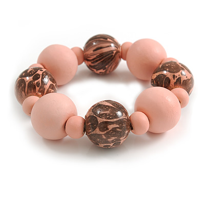 Chunky Wood Bead with Animal Print Flex Bracelet in Pastel Pink/ Size M - main view