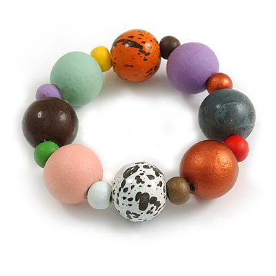 Chunky Wood Bead with Animal Print Flex Bracelet in Multicoloured/ Size M - main view