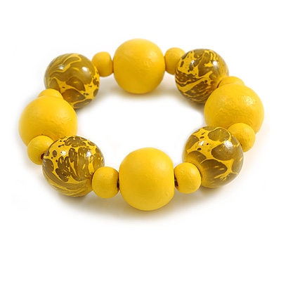 Chunky Wood Bead with Animal Print Flex Bracelet in Yellow/ Size M - main view