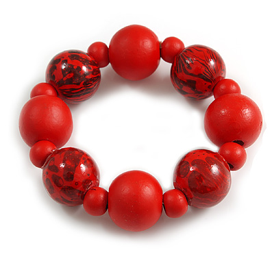 Chunky Wood Bead with Animal Print Flex Bracelet in Red/ Size M