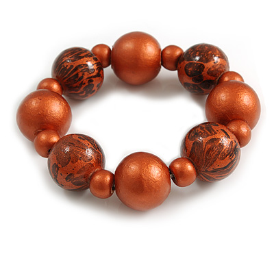 Chunky Wood Bead with Animal Print Flex Bracelet in Copper Colour/ Size M - main view