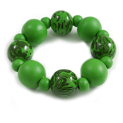 Chunky Wood Bead with Animal Print Flex Bracelet in Green/ Size M