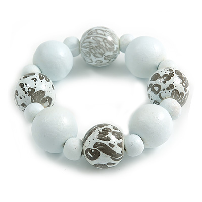 Chunky Wood Bead with Animal Print Flex Bracelet in White/ Size M - main view