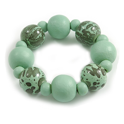 Chunky Wood Bead with Animal Print Flex Bracelet in Mint/ Size M - main view