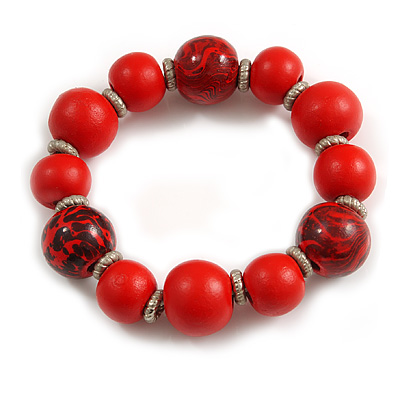 Wood Bead with Animal Print Flex Bracelet in Red/ Size M - main view