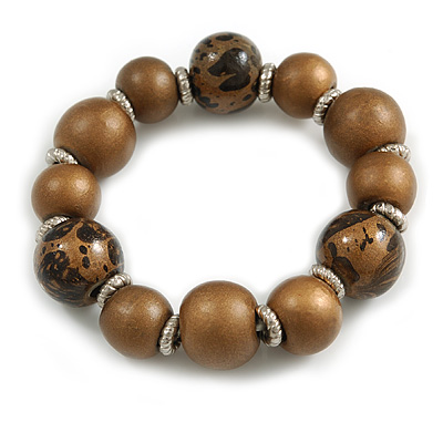 Wood Bead with Animal Print Flex Bracelet in Brown/ Size M - main view