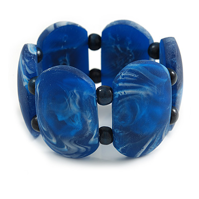 Wide Chunky Resin/ Wood Bead Flex Bracelet in Blue/ White - M/ L - main view