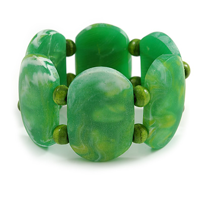 Wide Chunky Resin/ Wood Bead Flex Bracelet in Green/ White - M/ L - main view
