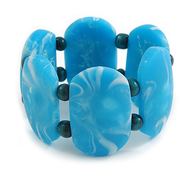 Wide Chunky Resin/ Wood Bead Flex Bracelet in Light Blue/ White - M/ L - main view