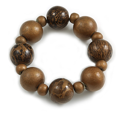 Chunky Wood Bead with Animal Print Flex Bracelet in Bronw/ Size M - main view