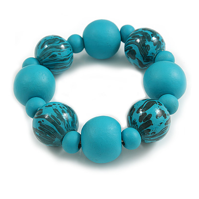 Chunky Wood Bead with Animal Print Flex Bracelet in Turquoise Colour/ Size M - main view
