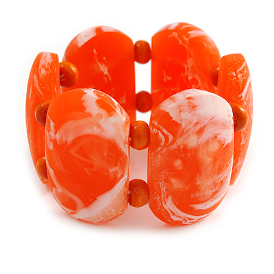 Wide Chunky Resin/ Wood Bead Flex Bracelet in Orange/ White - M/ L - main view