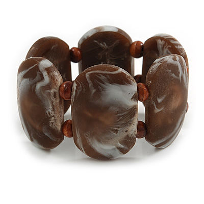 Wide Chunky Resin/ Wood Bead Flex Bracelet in Brown/ White - M/ L - main view