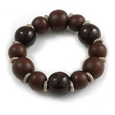 Wood Bead with Animal Print Flex Bracelet in Brown/ Size M - main view