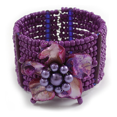 Purple Glass Bead Flex Cuff Bracelet with Shell Flower - M/ L - main view