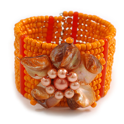 Orange Glass Bead Flex Cuff Bracelet with Shell Flower - M/ L - main view