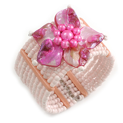 Light Pink Glass Bead Flex Cuff Bracelet with Shell Flower - M/ L - main view