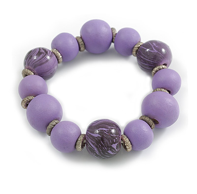 Wood Bead with Animal Print Flex Bracelet in Lilac Purple/ Size M - main view