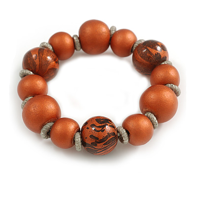 Wood Bead with Animal Print Flex Bracelet in Copper Brown/ Size M - main view