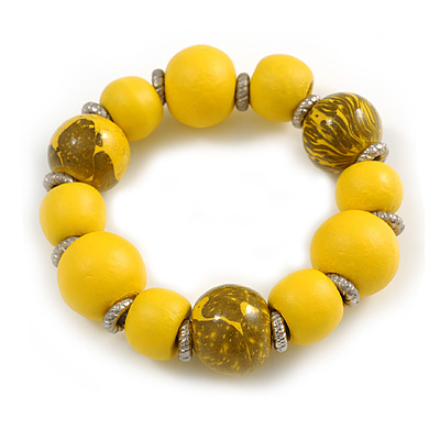 Wood Bead with Animal Print Flex Bracelet in Yellow/ Size M - main view