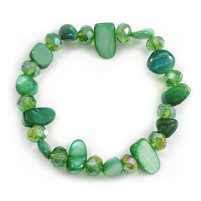 Emerald Green Glass and Sea Shell Bead Flex Bracelet - M/L - main view