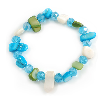 Glass Bead and Sea Shell Nugget Flex Bracelet in Sky Blue/Off White/Green - Size M/L - main view