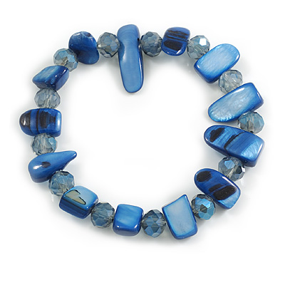 Blue Glass and Sea Shell Bead Flex Bracelet - M/L - main view