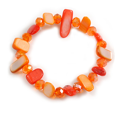 Orange/Coral Glass and Sea Shell Bead Flex Bracelet - M/L - main view