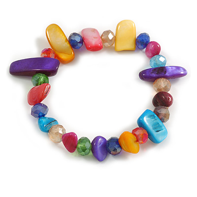 Multicoloured Glass and Sea Shell Bead Flex Bracelet - M/L